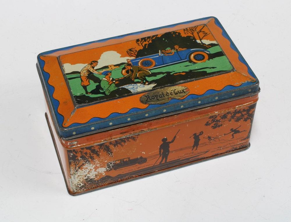 Early 20th century Mackintosh's Royal De Luxe Toffee tin, the hinged lid with an early motor car and