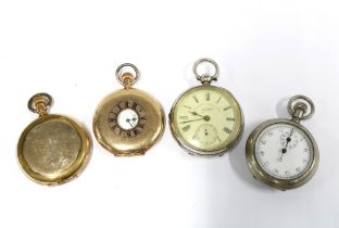 Silver cased pocket watch, two gold plated pocket watches and a stopwatch (4)