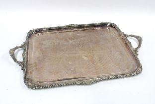 Large silver plated tray, rectangular with side handles and gadrooned edge and shell motifs, 64 x