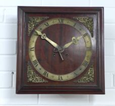Mahogany wall clock, square dial with brass chapter ring and spandrels, roman numerals, 37 x 37cm.