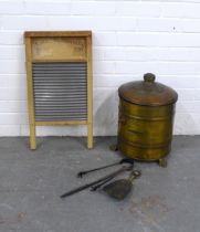 Brass coal box together with a vintage washboard, etc .