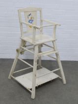 Vintage white painted Child's high chair, 54 x 93cm.