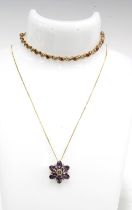 9ct gold blueberry quartz pendant necklace on a 9ct gold chain together with a 9ct gold gemset