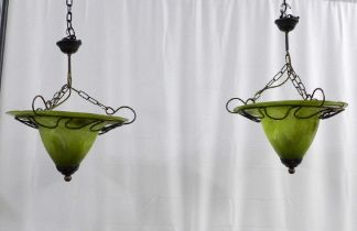 Pair of contemporary green glass hanging ceiling lights, with black metal mounts 40 x 26cm. (2)