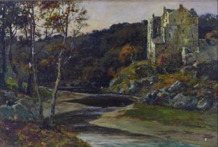 Attributed to JOHN HAMILTON GLASS SSA (SCOTTISH 1820 - 1885), NEIDPATH CASTLE, EVENING, oil n board,