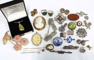 Cameo brooch and tie pin, various vintage costume jewellery and enamel badges, etc (a lot)