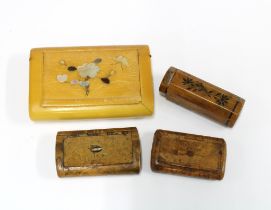 Celluloid snuff box with mother of pearl decoration to the lid and three fruitwood snuffboxes (4)