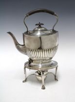 Silver plated spirit kettle on stand with half fluted decoration, complete with burner 34cm high