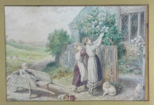 BRITISH SCHOOL, 19th century watercolour of two girls picking flowers, apparently unsigned, framed