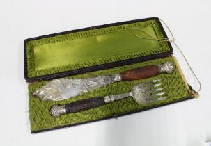 A pair of Victorian silver plated and horn handled fish servers