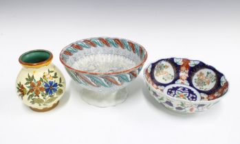 19th century transfer printed punch bowl, early 20th century Gouda vase and an Imari bowl (3) 25cm.