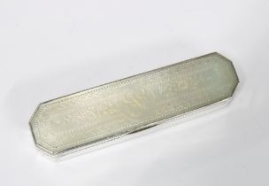 Georgian white metal and mother of pearl toothpick case, the hinged lid with a mirror to the
