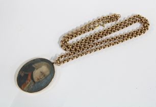 9ct gold belcher chain with a yellow metal framed faux portrait miniature pendant