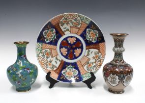 Imari charger and two cloisonné vases (3) (some losses) 31cm