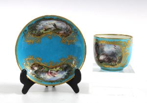 Sevres style bleu celeste porcelain cup and saucer with handpainted and tooled gilt rococo