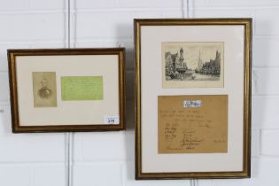 ABRHAM LINCOLN, printed letter, framed under glass together with a small etching of Luneburg (2)