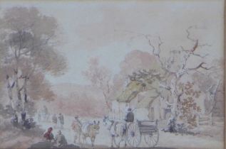 Attributed to NICHOLAS POCOCK (1740 - 1821) watercolour and pencil sketch of a country lane with