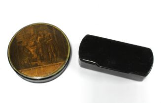 Papier mache snuffbox, the circular lid with social scene and quotation from The Cotter's Saturday