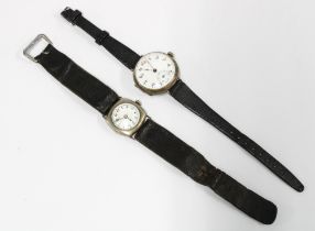 Two early 20th century silver cased wristwatches, Arabic numerals and red 12, on black leather