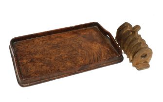 Gothic treen seven bar toast rack an a walnut tray (2) 35cm.