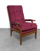 Retro armchair, buttonback upholstered with dark red plush fabric, 64 x 98 x 51cm.