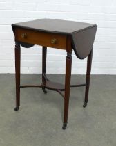 Mahogany Pembroke table, with drop leaf sides, single drawer and oval undertier, raised on square