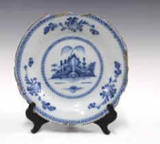 Early English Delft plate, painted with a chinoiserie scene within dot and square borders, (a/f)