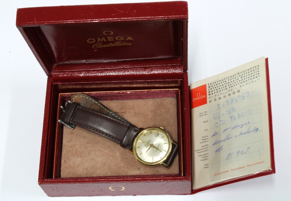 OMEGA AUTOMATIC CHRONOMETER CONSTELLATION, Gents gold plated calendar wristwatch on a brown - Image 3 of 3