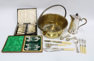 A brass jelly pan and a collection of silver plated items to include a coffee pot and cutlery,