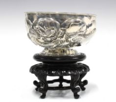 WANG HING Chinese Export silver 'Dragon' bowl on a stylised hardwood stand, base signed with