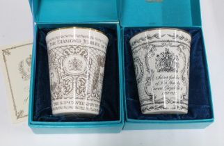 Two Coalport commemorative enamel beakers to include QEII Silver Jubilee and another, boxed (2)