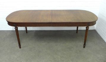 Neo Classical style mahogany dining table, oval top on fluted legs, 229 x 92 x 77cm.