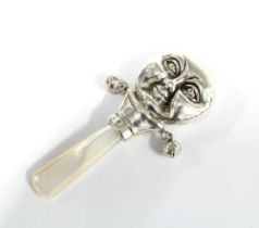 Sterling silver Man in the Moon babies rattle with mother of pearl handle, stamped Sterling, 8cm