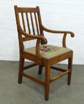 An elm open armchair with tapestry seat, 59 x 97 x 46cm.