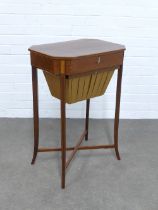 19th century string inlaid mahogany works/sewing table, cross stretcher and splayed legs, 51 x 74