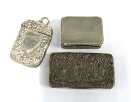 Continental silver snuff box together with a larger snuff box, its hinged lid with a repousee