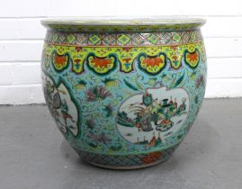 Famille Verte fish bowl, the interior with carp pattern and the exterior with fighting warriors,