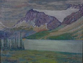 CANADIAN SCHOOL, oil on board of The Rocky Mountains, signed bottom left indistinctly, framed, 45