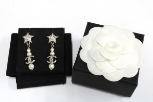 CHANEL crystal star and faux pearl costume jewellery earrings with CC logo, stamped oval plaque,