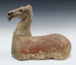 Early Chinese painted pottery horse torso and head, modelled in two parts, possibly Han Dynasty or