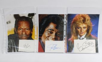 CHUCK BERRY, JAMES BROWN & BONNIE TYLER, three signed white cards together with a colour