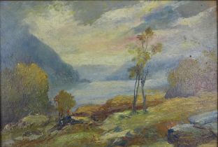 Oil on board of a lakeside in autumn, apparently unsigned, framed with K.V James Fine Art,