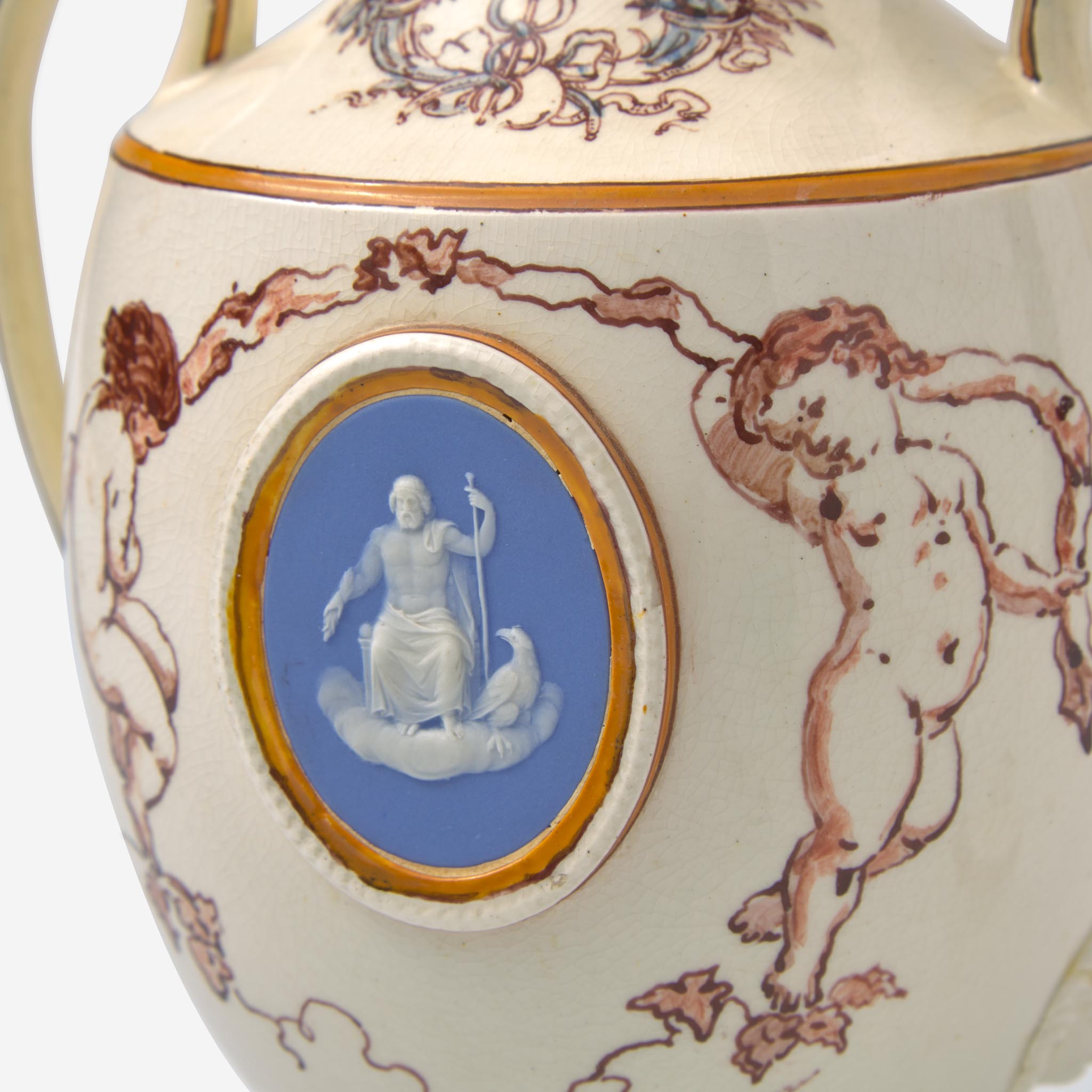 A Wedgwood Emile Lessore (1805-1876) Decorated Queensware Covered Vase with Jasperware Plaques, UK, - Image 2 of 4