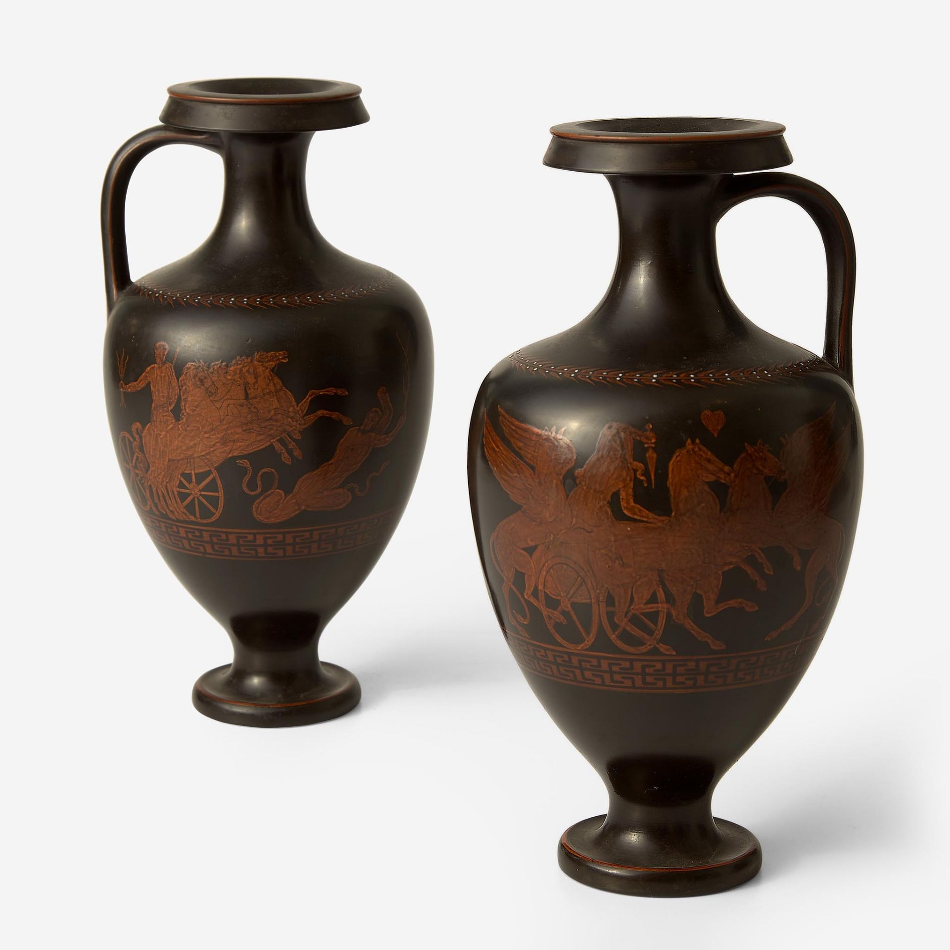 A Pair of Wedgwood Black Basalt Handled Vases with Red Figure Decoration UK, circa 1860 - Image 2 of 3