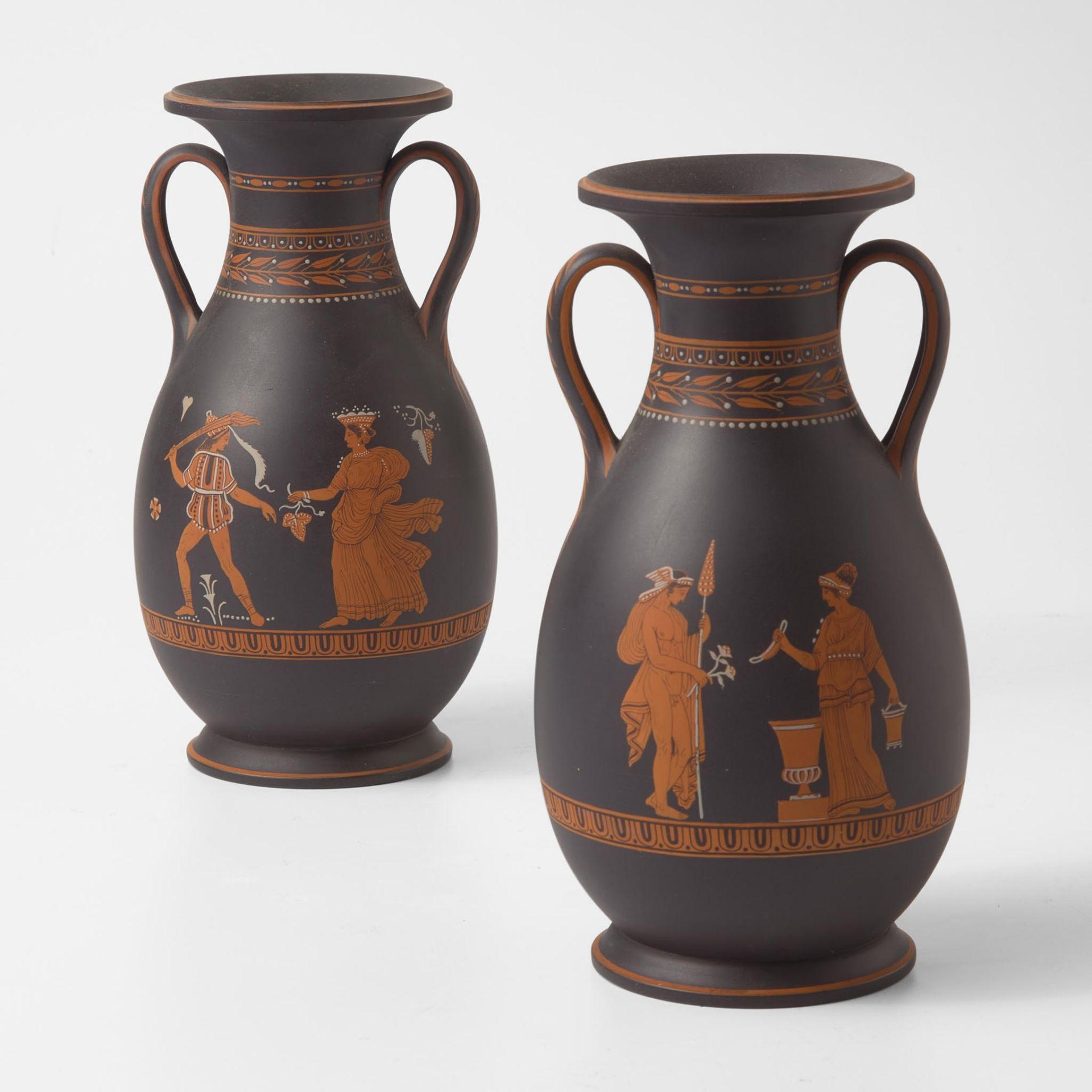 A Pair of Wedgwood Black Basaltes (Basalt) Encaustic-Decorated Handled Vases UK, circa 1800