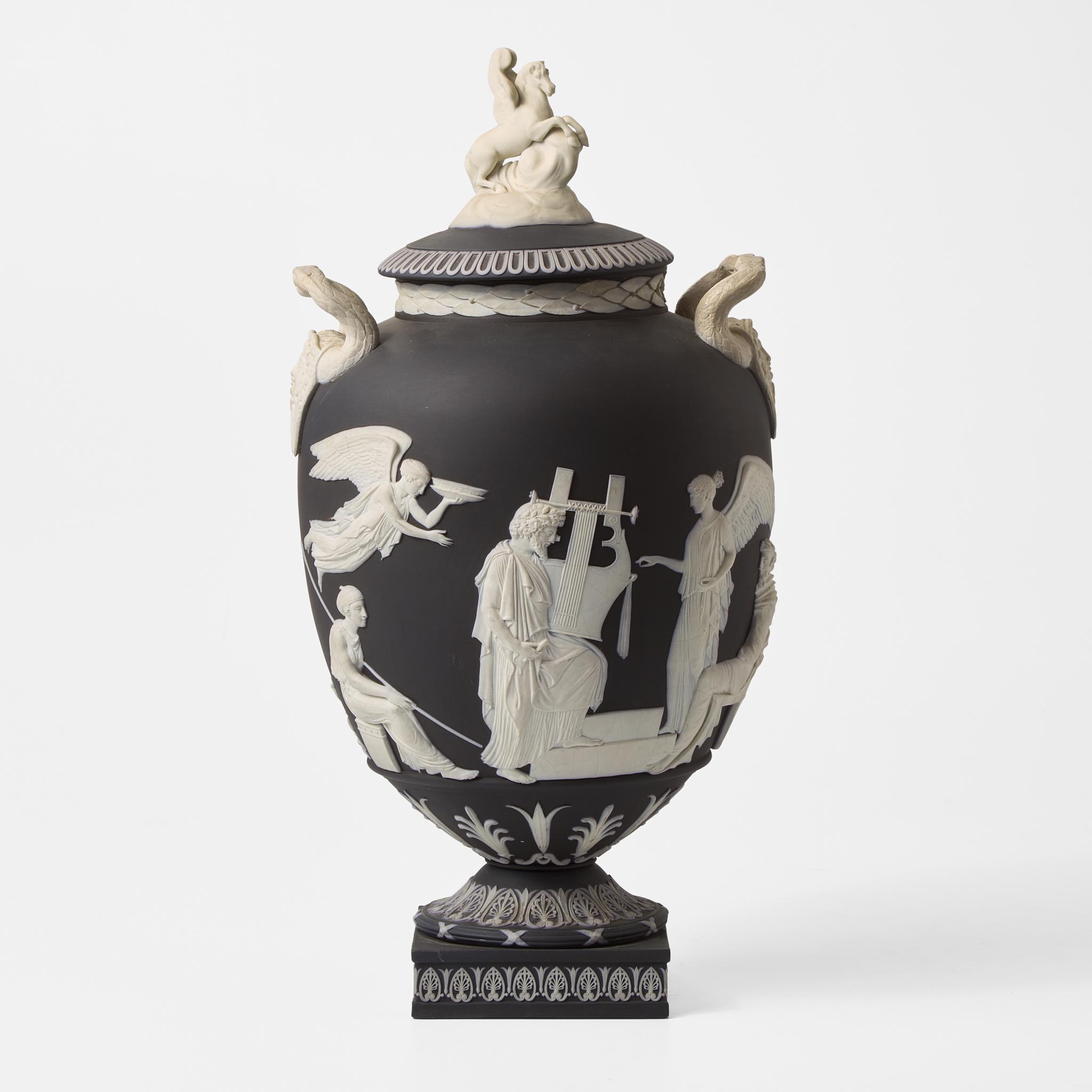 A Wedgwood Solid Black Jasperware Pegasus Vase and Cover UK, 1880s