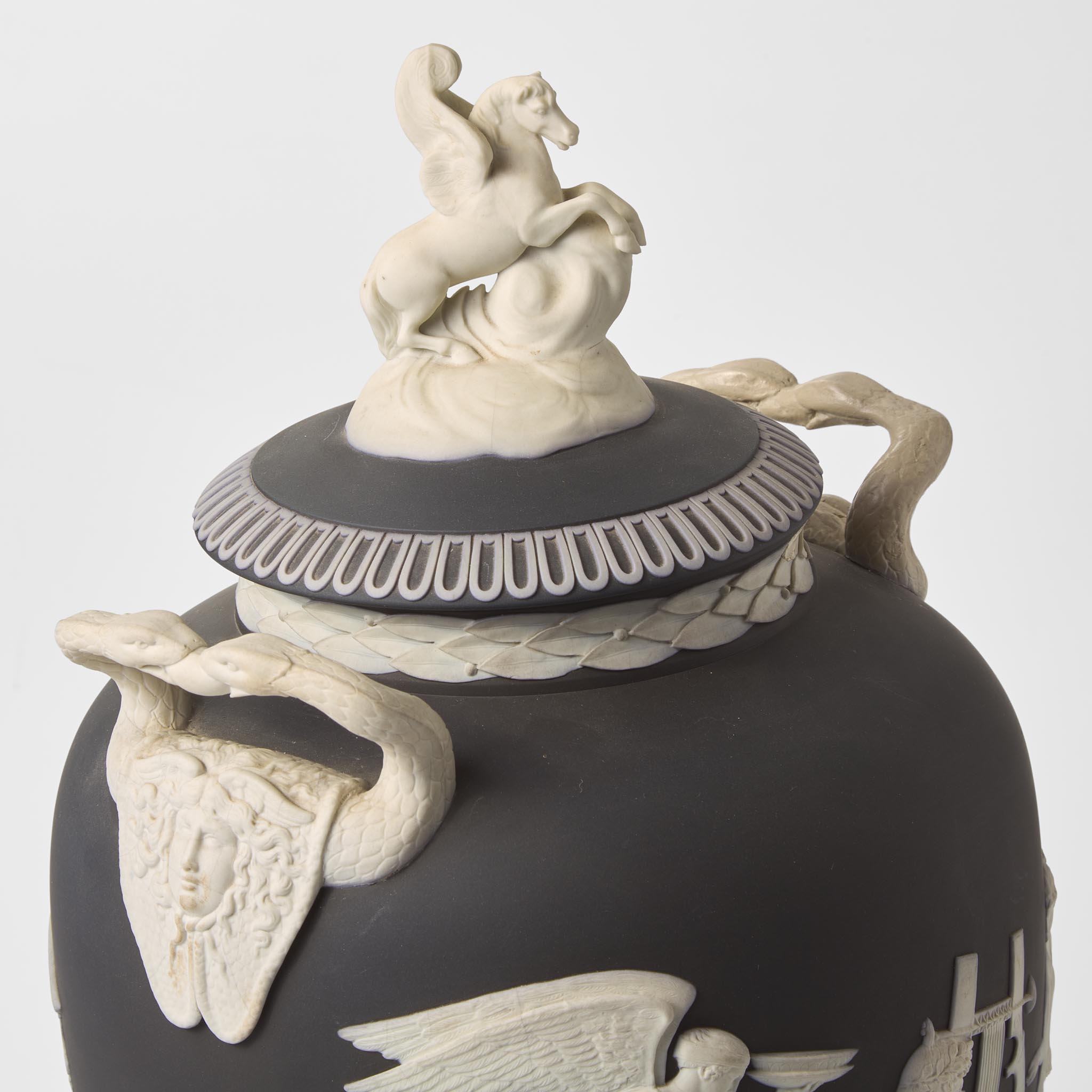 A Wedgwood Solid Black Jasperware Pegasus Vase and Cover UK, 1880s - Image 3 of 4