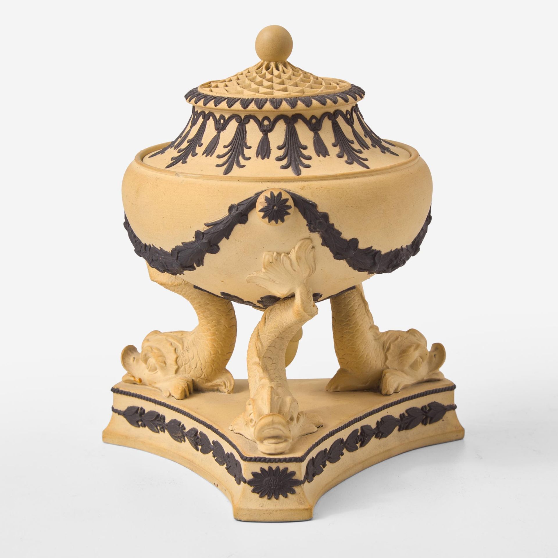 A Wedgwood Black Basalt-Decorated Caneware "Dolphin" Pastille Burner  UK, circa 1810