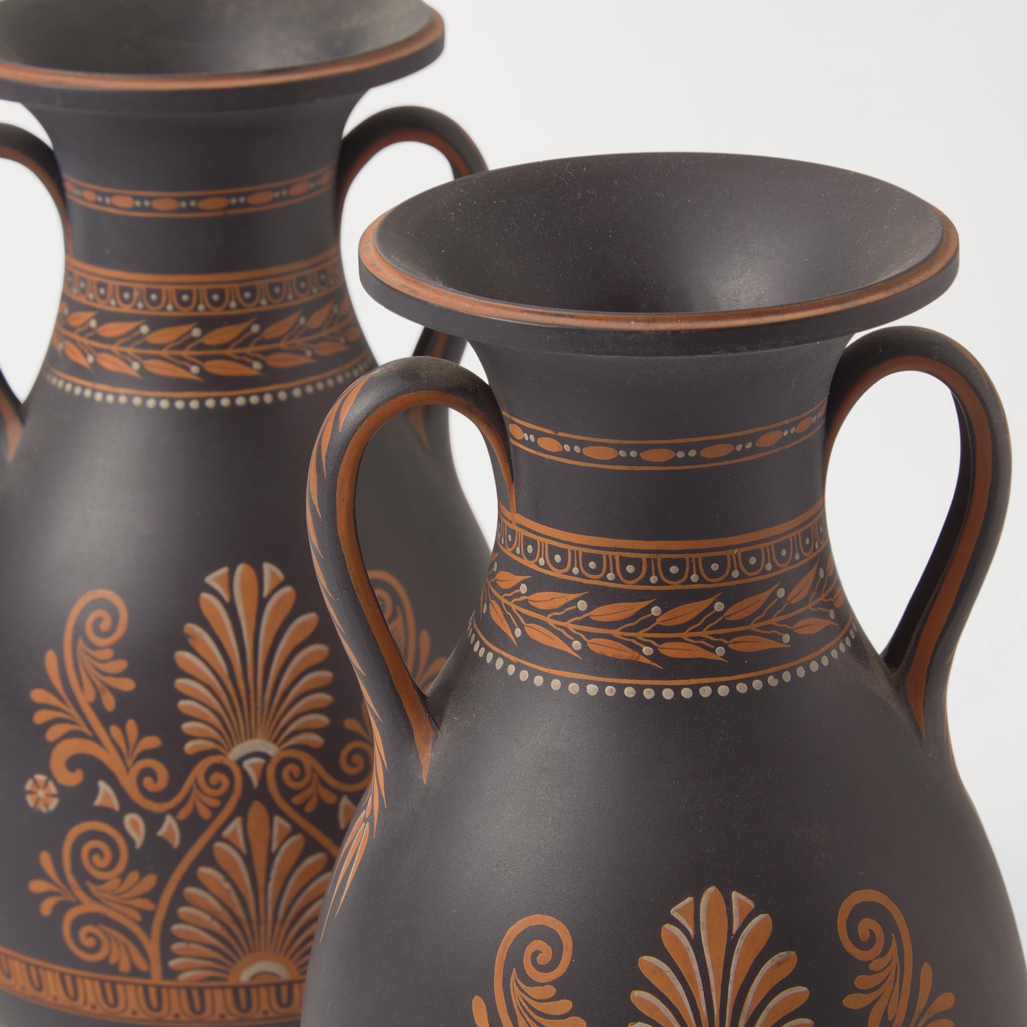 A Pair of Wedgwood Black Basaltes (Basalt) Encaustic-Decorated Handled Vases UK, circa 1800 - Image 2 of 3