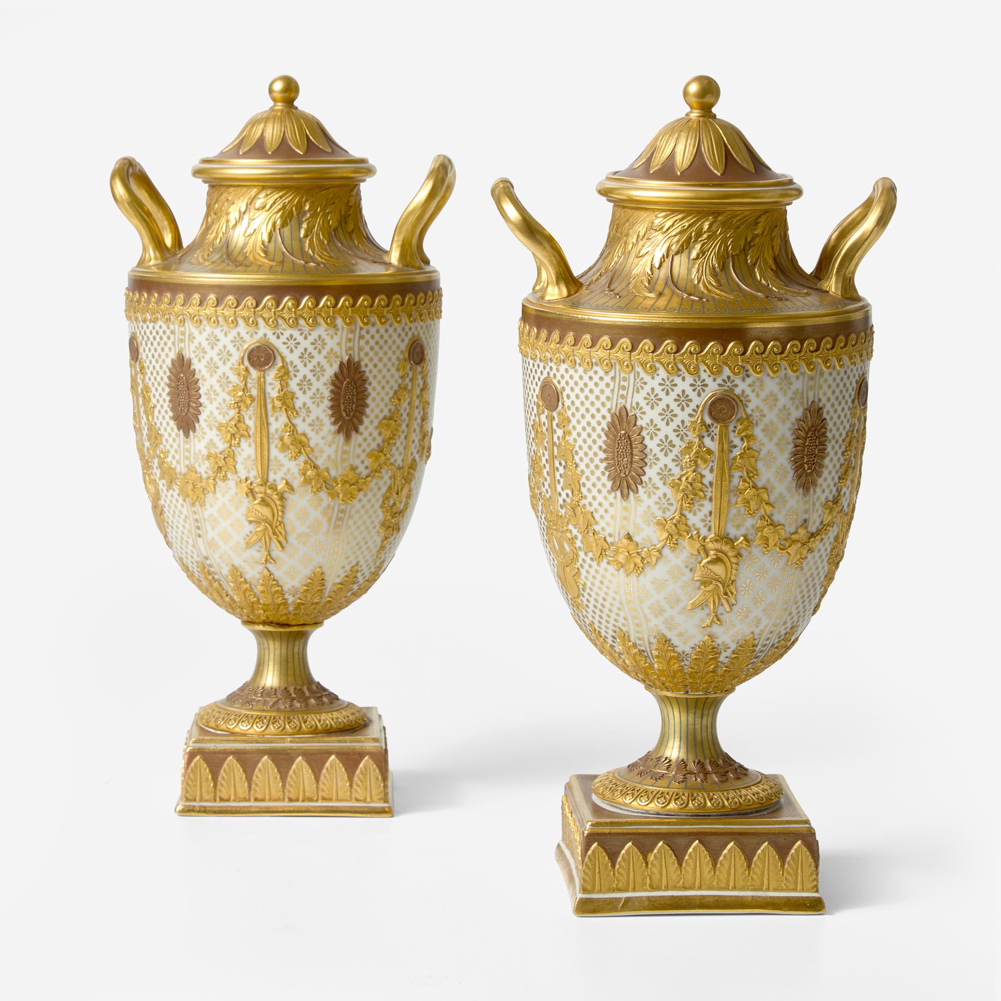 A Pair of Wedgwood Gilded and Bronzed Queensware Vases with Covers UK, 1880s
